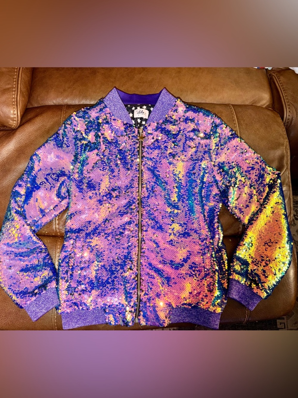 Lola + The Boys Women Iridescent Purple Sequin Bomber Jacket size S